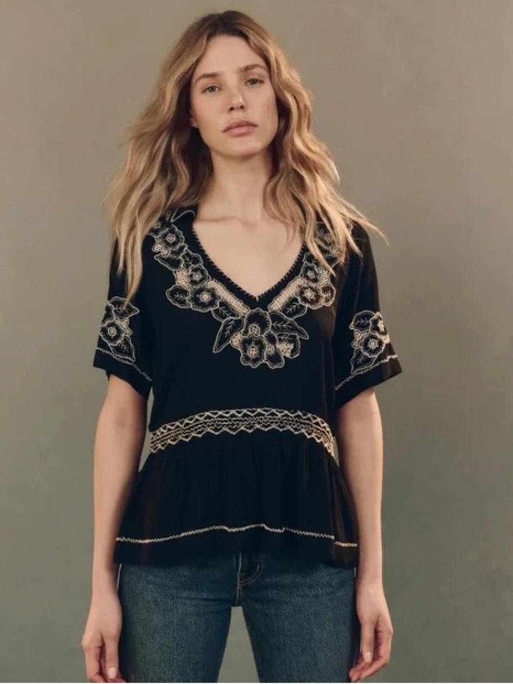 THE GREAT. THE CREST TOP EMBROIDERED FLORAL V NECK COLLAR RELAXED PEPLUM BLOUSE